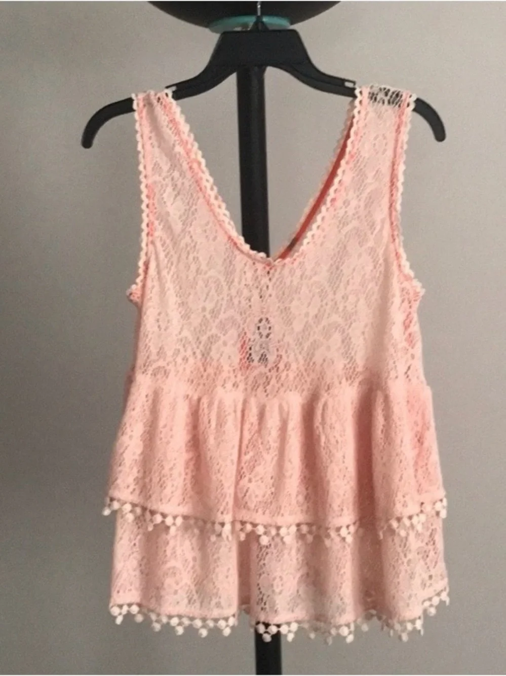 Free People Lace Babydoll Tank Pom Pom Trim Boho Festival Top Pastel Peach